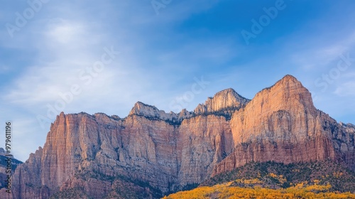 Twilight casts golden light over Mountain's symmetrical peaks and River, highlighting vibrant autumn foliage along the tranquil waterway