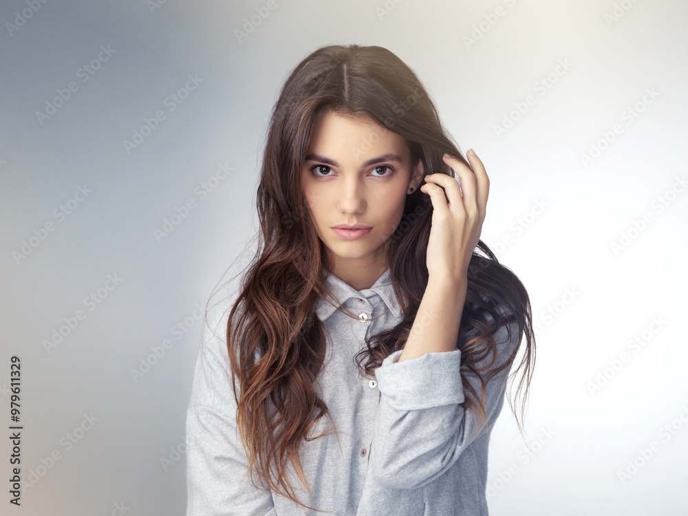 Fashion, portrait and girl in studio, serious and stylish in mockup, proud and clothes for stylist. Trendy, model and woman with hairstyle, retail and aesthetic of person, serious and shirt in USA Fashion, portrait and girl in studio, serious and stylish in mockup, proud and clothes for stylist. Trendy, model and woman with hairstyle, retail and aesthetic of person, serious and shirt in USA