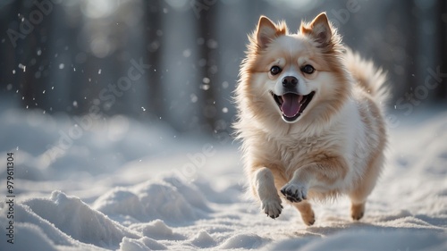 Spitz joyfully running across a snowy winter landscape