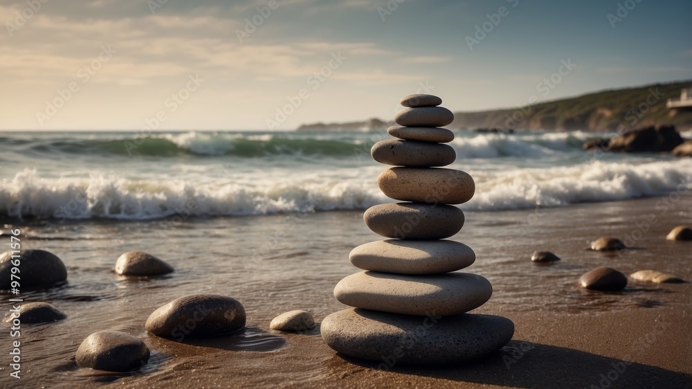 Stack of stones balanced on a beach at sunset Stack of stones balanced on a beach at sunset