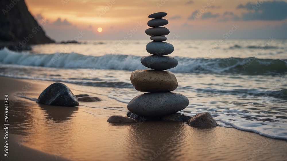 Stack of stones balanced on a tranquil beach Stack of stones balanced on a tranquil beach