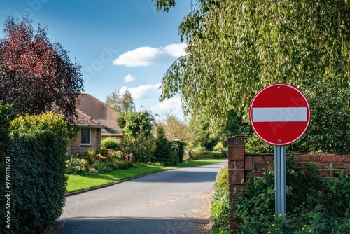 A classic red no entry sign in a suburban neighborhood, warning drivers to stay out of a private road photo