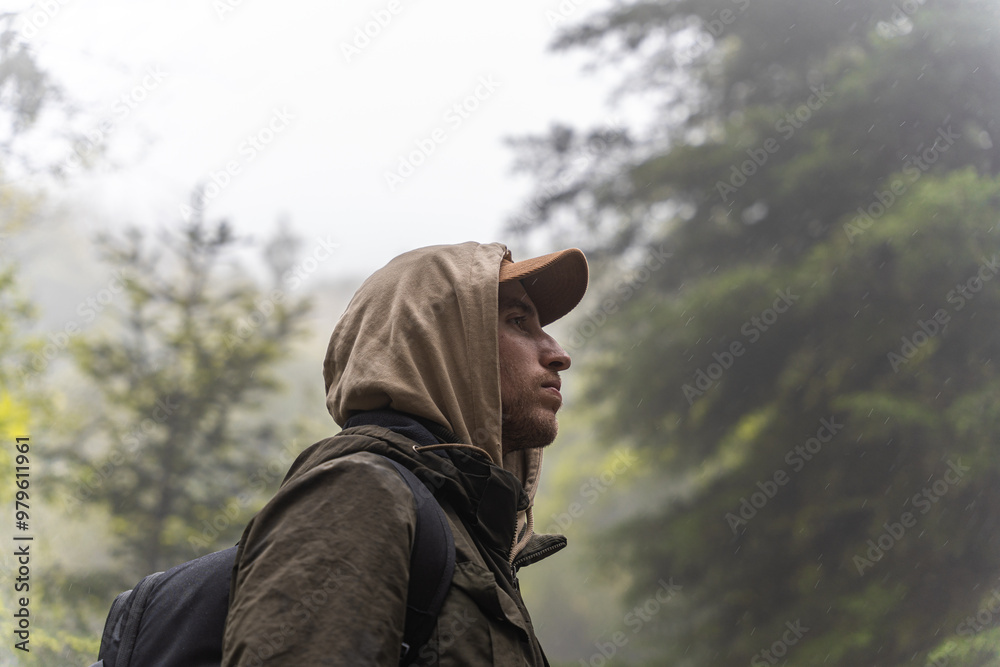 Man hiking in the forest on an autumn day Man hiking in the forest on an autumn day