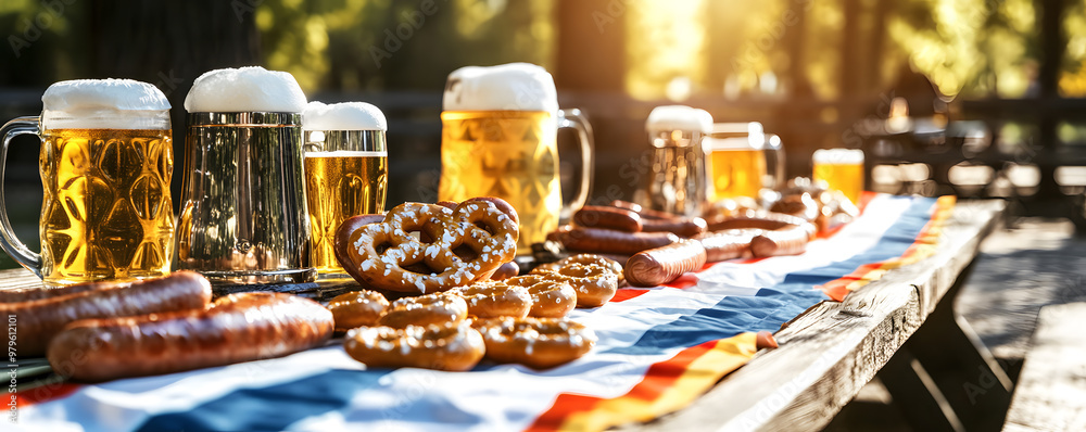 Bavarian flag draped across a long picnic table with begels Bavarian flag draped across a long picnic table with begels