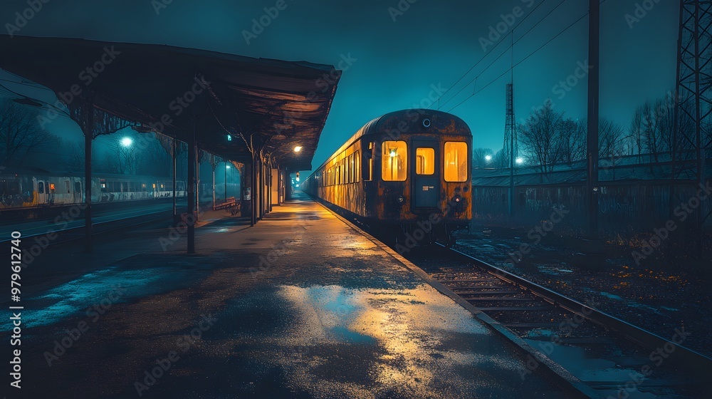 A yellow train sits at a deserted station platform at night. A yellow train sits at a deserted station platform at night.
