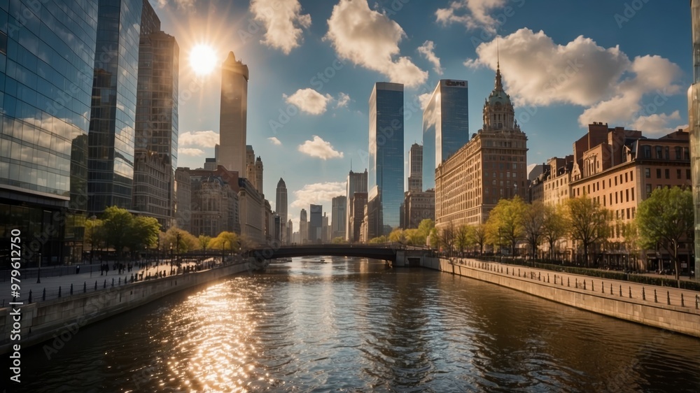 Fototapeta premium Sunset over river framed by skyscrapers and historic buildings