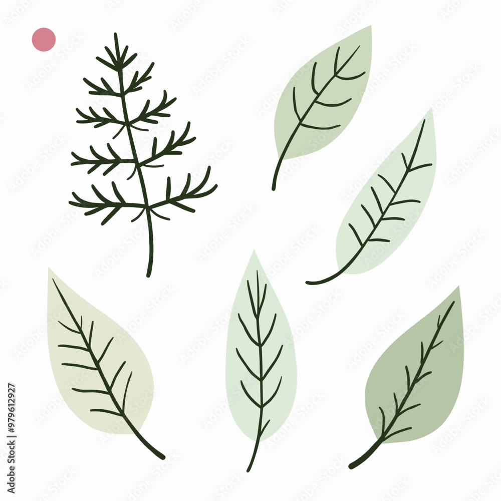 Illustrated green leaves with various shapes and a pink dot on a white background. Illustrated green leaves with various shapes and a pink dot on a white background.