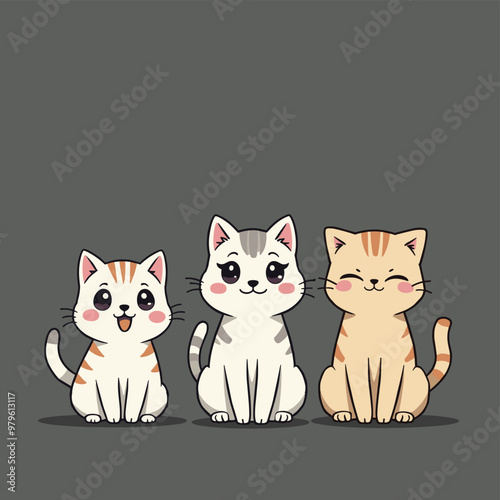 Three adorable animated cats with different fur patterns sitting against a grey background.