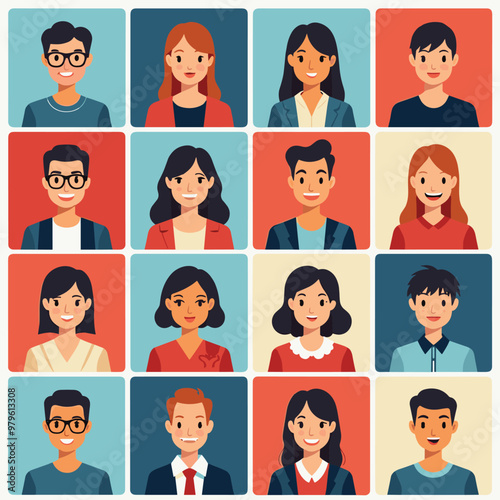 Diverse group of men and women avatars, featuring various ethnicities and professional attire.
