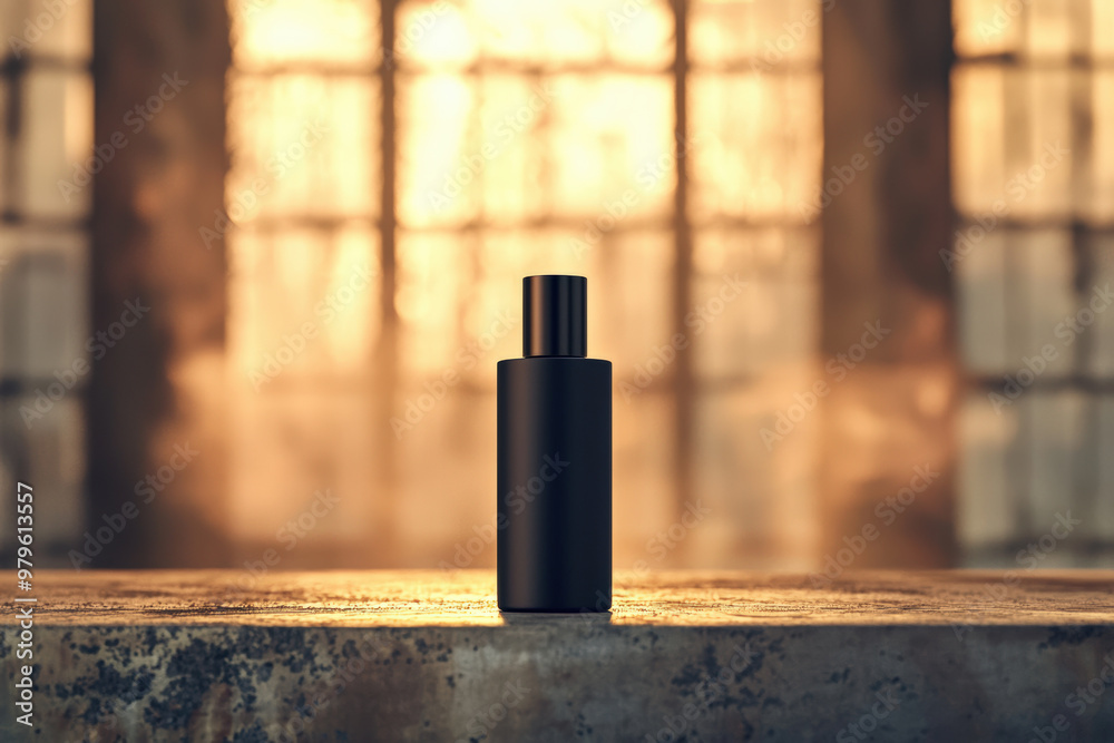 A sleek black bottle placed on textured metallic surface, illuminated by warm light from large windows, creates captivating atmosphere. contrast enhances products elegance and allure A sleek black bottle placed on textured metallic surface, illuminated by warm light from large windows, creates captivating atmosphere. contrast enhances products elegance and allure