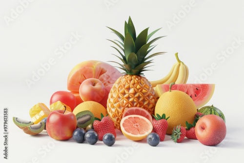 summer fruits collection, 3d render, isolated on white background