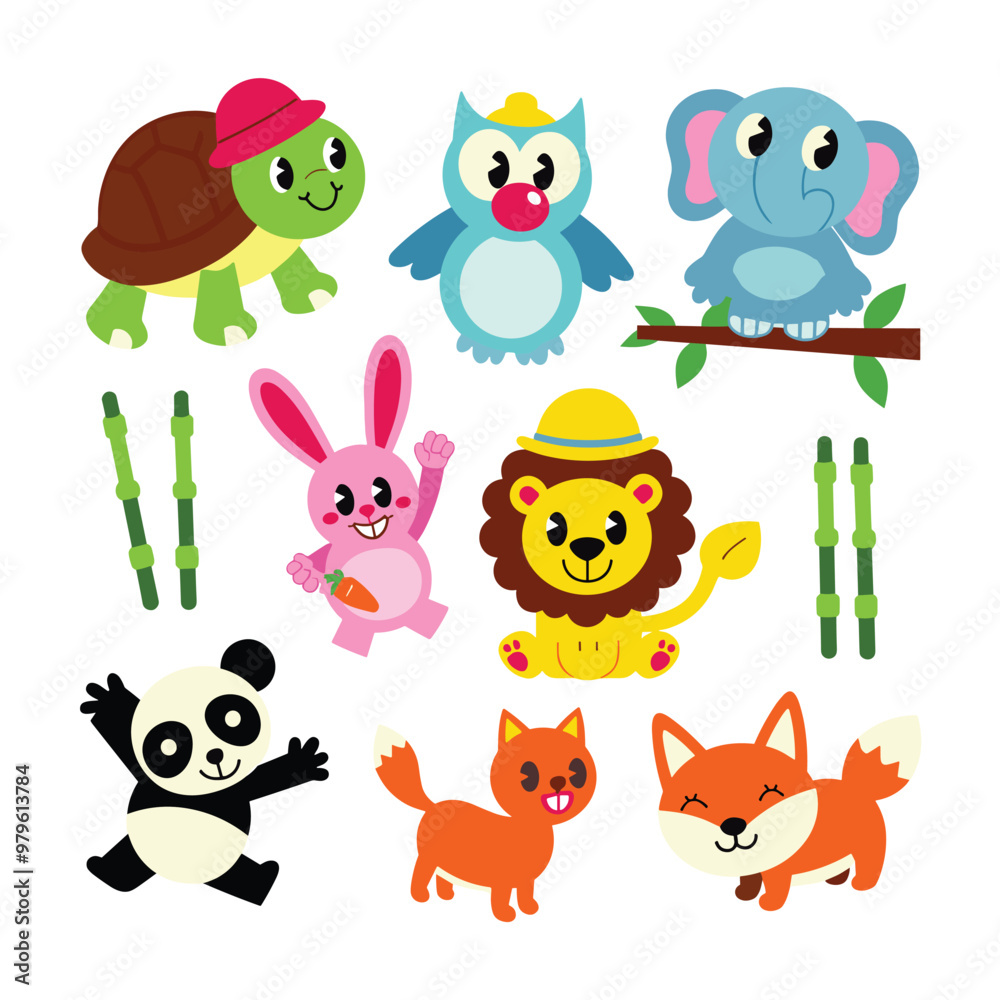 A group of cute cartoon animals, including a turtle, owl, elephant, rabbit, lion, panda, and fox, in a colorful illustration. A group of cute cartoon animals, including a turtle, owl, elephant, rabbit, lion, panda, and fox, in a colorful illustration.