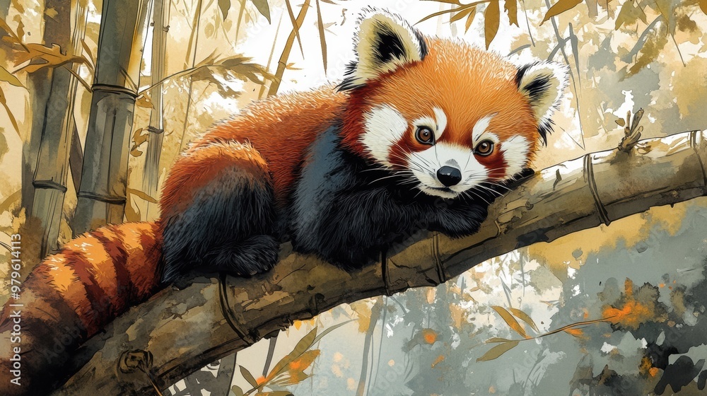 Obraz premium A cute red panda resting on a branch amidst bamboo, surrounded by vibrant autumn foliage, capturing the essence of wildlife.