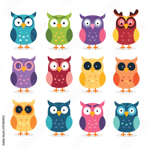 Colorful cartoon owls arranged in a grid pattern, each with unique designs and vibrant colors.