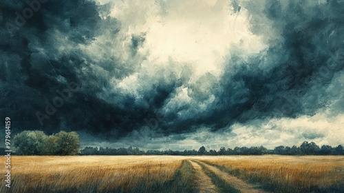 A dramatic landscape featuring a dark cloud sky over a golden field, creating a moody and atmospheric scene.