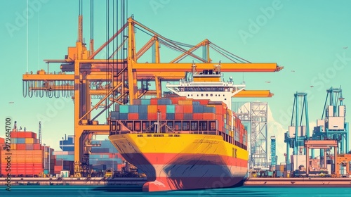 A large cargo ship being loaded with containers at a busy shipping port, with cranes and workers in motion photo