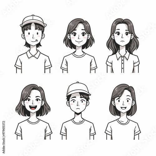 Black and white illustrations of diverse emotional expressions on male and female anime characters.