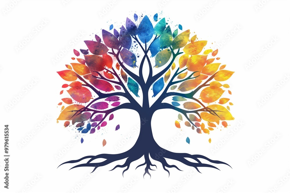 Obraz premium Abstract Vibrant Tree Logo: Tree of Life with Root Vector Design, Inspiration for Branding on a White Background