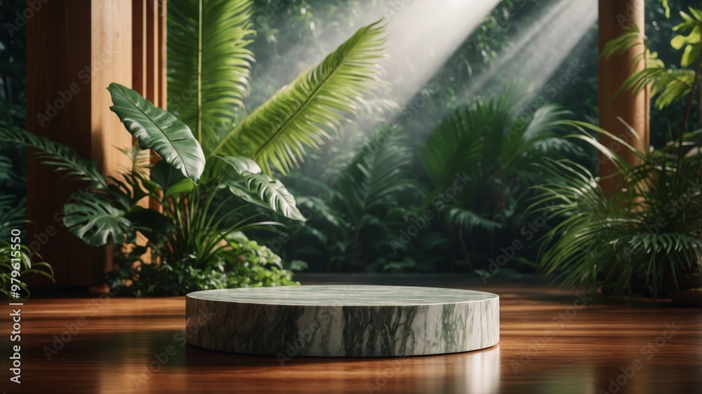 Fototapeta premium Tropical setting with marble platform and lush plants
