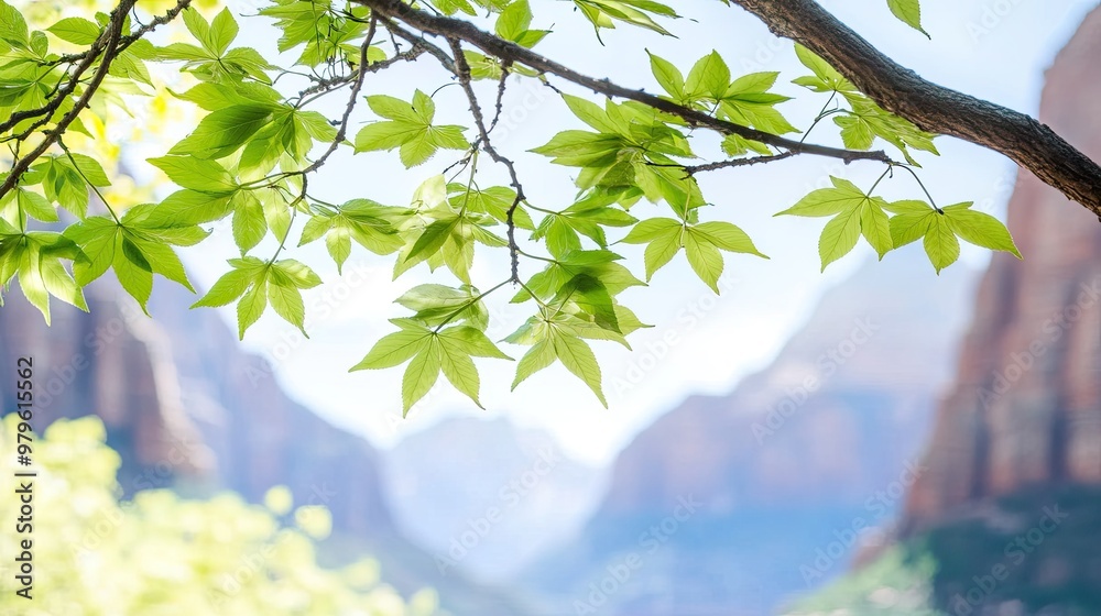 Fototapeta premium The vibrant landscape of l Park showcases towering red sandstone mountains in the background, complemented by lush green trees and a clear blue sky overhead