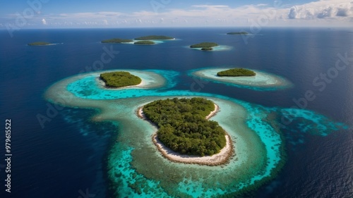 Tropical seascape with lush islands and turquoise waters