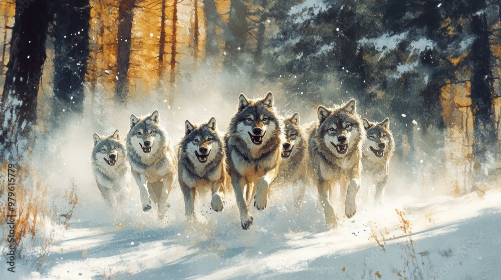 A pack of wolves running through a snowy forest, showcasing their powerful and majestic nature in a winter landscape. A pack of wolves running through a snowy forest, showcasing their powerful and majestic nature in a winter landscape.