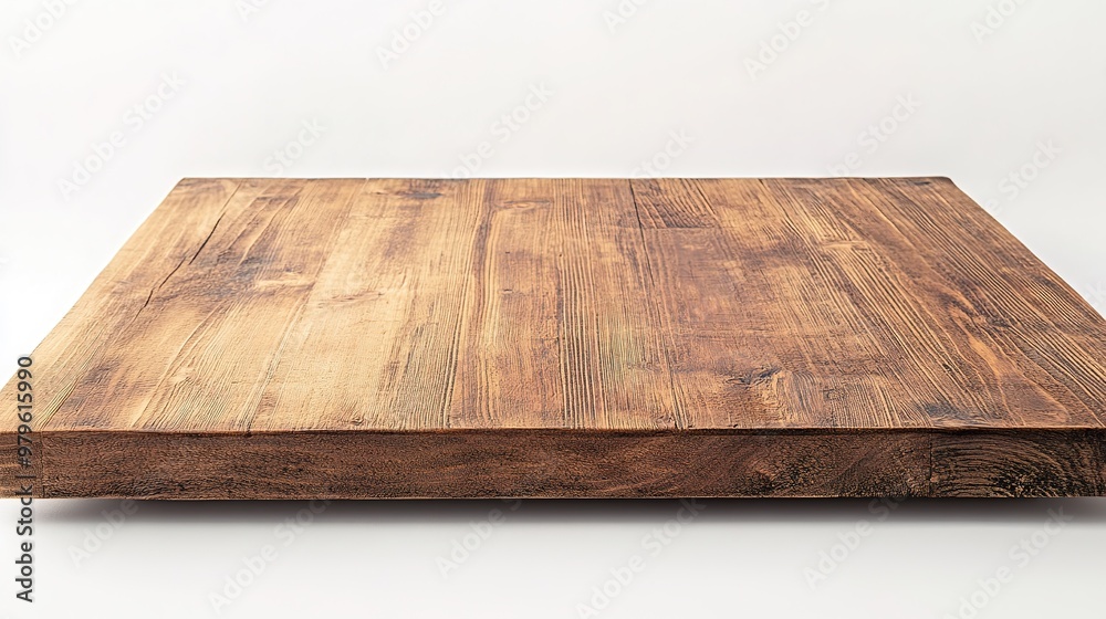 © Li - Wooden table top on white background, minimalistic and clean surface for product display, furniture design, or interior decor concepts.