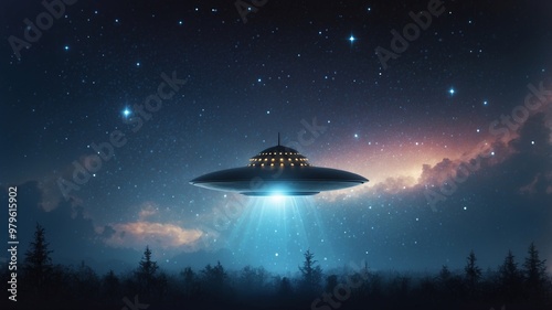 Ufo hovering under a starry night sky