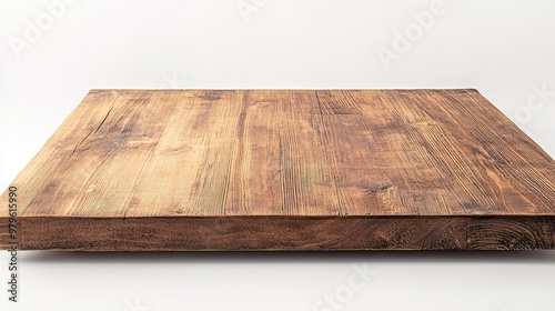 Wooden table top on white background, minimalistic and clean surface for product display, furniture design, or interior decor concepts.