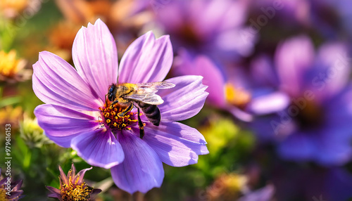 bee pollinating purple flower garden photo