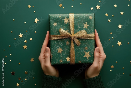 Holding a green gift box with gold starry ribbon and stars. photo