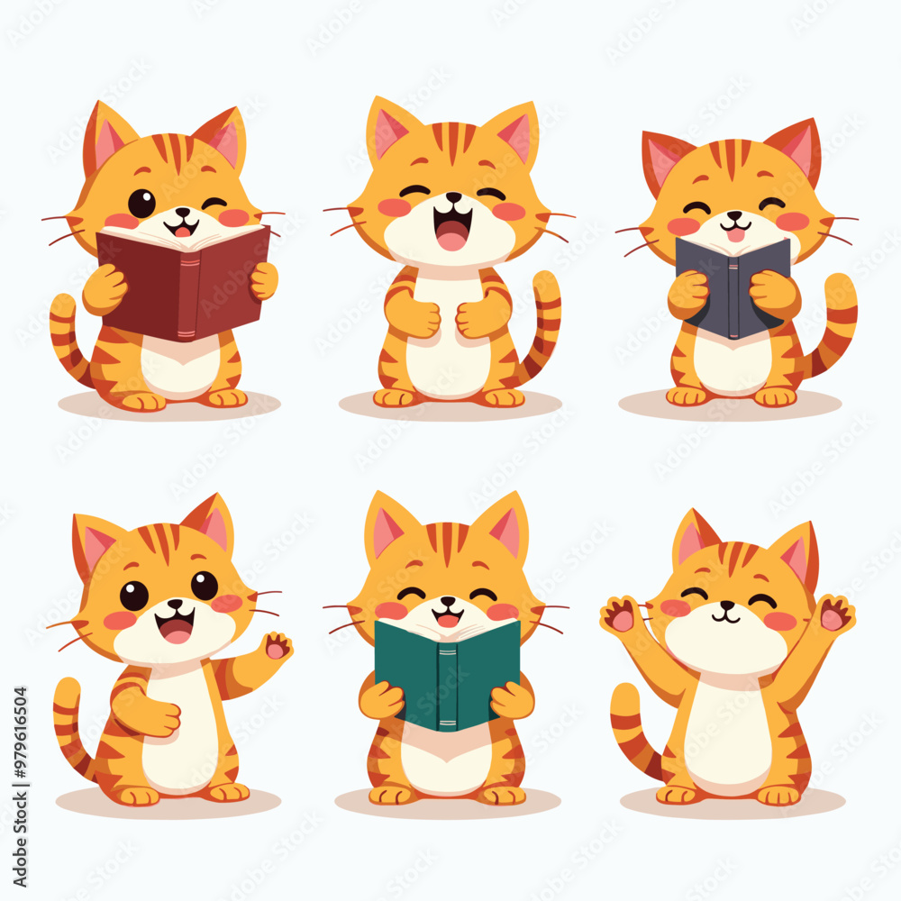 Adorable cartoon orange tabby cat reading a book, expressing various emotions and gestures. Adorable cartoon orange tabby cat reading a book, expressing various emotions and gestures.