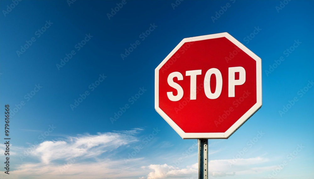 stop sign on blue sky background copy space left of sign stop sign on blue sky background copy space left of sign