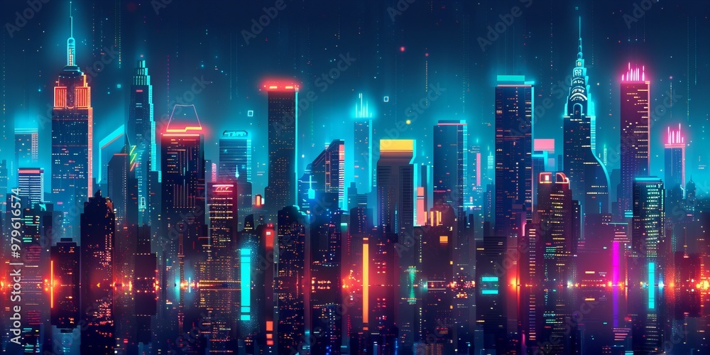 Dynamic neon cityscape skyline with vibrant night lights reflecting on the horizon in a modern urban design new beautiful stock image illustration AI