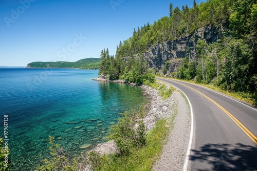 Scenic view of a winding road alongside a serene lake, surrounded by lush greenery and rocky cliffs under a clear blue sky.