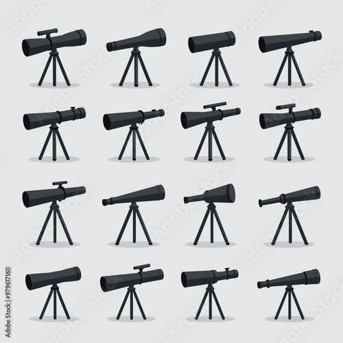 Collection of various telescopes on tripods arranged in rows against a light background.
