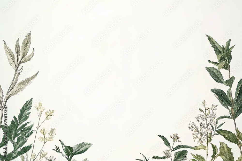 A beautiful arrangement of diverse green plants with delicate flowers on a soft white background, perfect for nature-themed designs. A beautiful arrangement of diverse green plants with delicate flowers on a soft white background, perfect for nature-themed designs.
