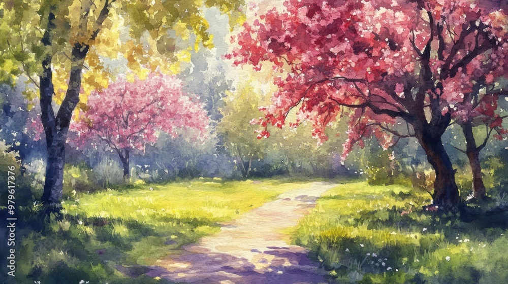 Naklejka premium A serene landscape showcasing vibrant trees and a winding path, perfect for evoking peace and natural beauty.