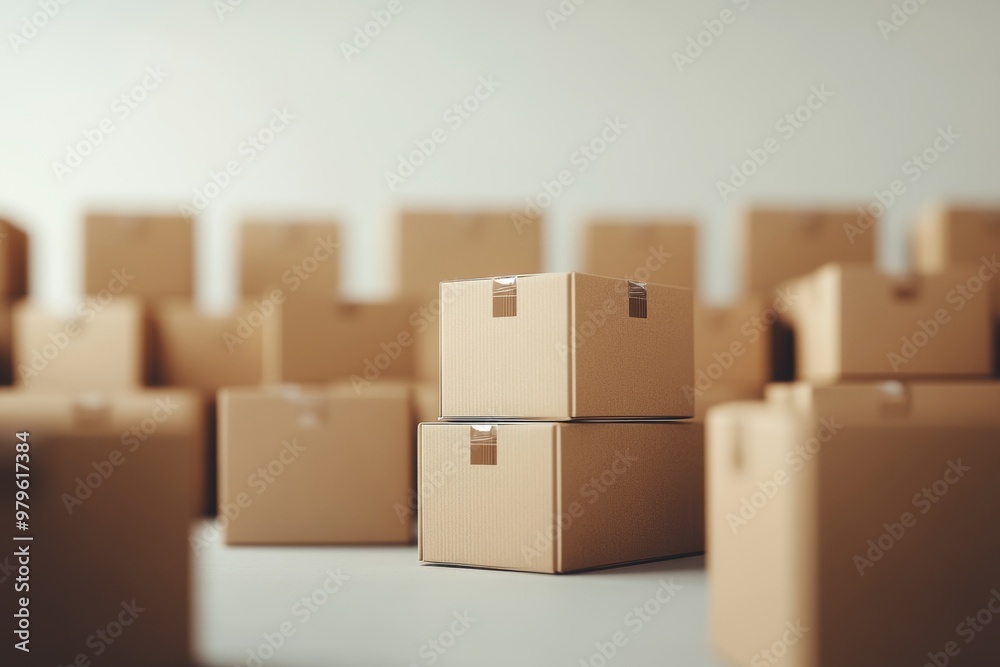 Obraz premium Warehouse Storage: A Stack of Cardboard Boxes in a well-lit warehouse, showcasing the efficiency of logistics and inventory management. 