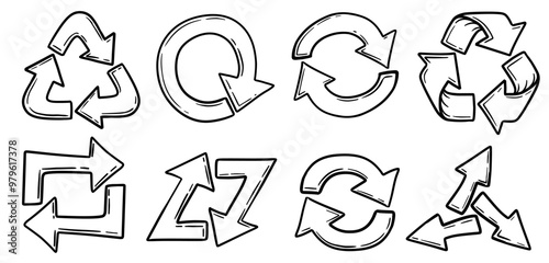 Refresh cycle arrows hand drawn. Sync repeat and reload circle and triangle arrow doodle. Vector illustration