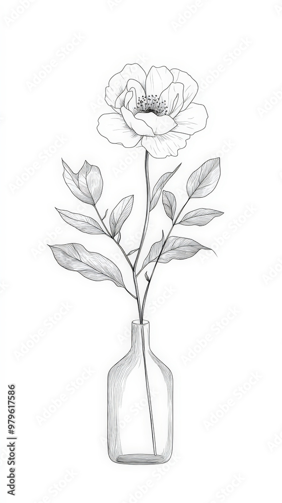 Obraz premium A minimalist line art drawing of a single blooming flower in a vase, its delicate petals capturing the essence of beauty and simplicity.