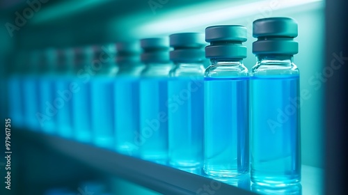 Clear Blue Vials in a Refrigerated Storage for Medical Use