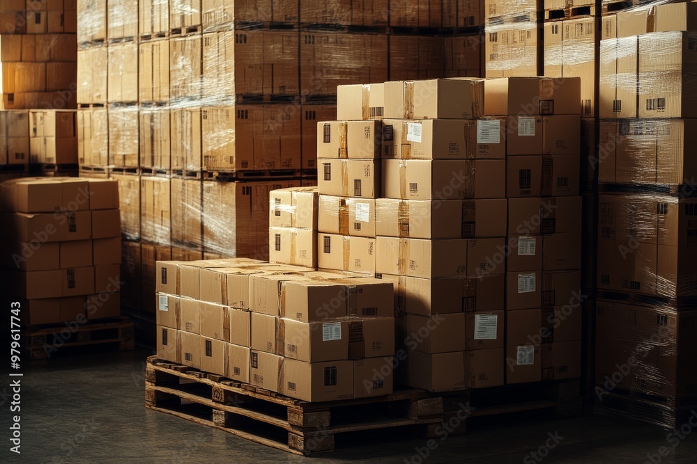 Warehouse Storage: A Stack of Cardboard Boxes in a well-lit warehouse, showcasing the efficiency of logistics and inventory management.
Warehouse Storage: A Stack of Cardboard Boxes in a well-lit warehouse, showcasing the efficiency of logistics and inventory management.