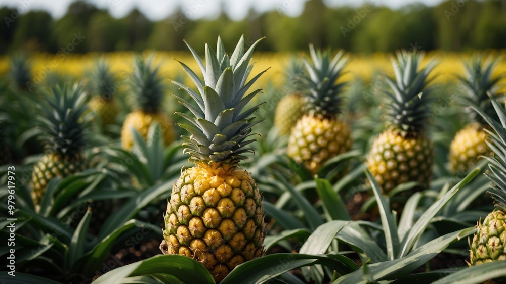 Vibrant pineapple field with rows of ripe fruit Vibrant pineapple field with rows of ripe fruit
