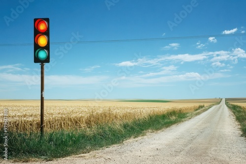 A traffic light at a rural junction surrounded by fields, its bright colors standing out in the quiet landscape photo