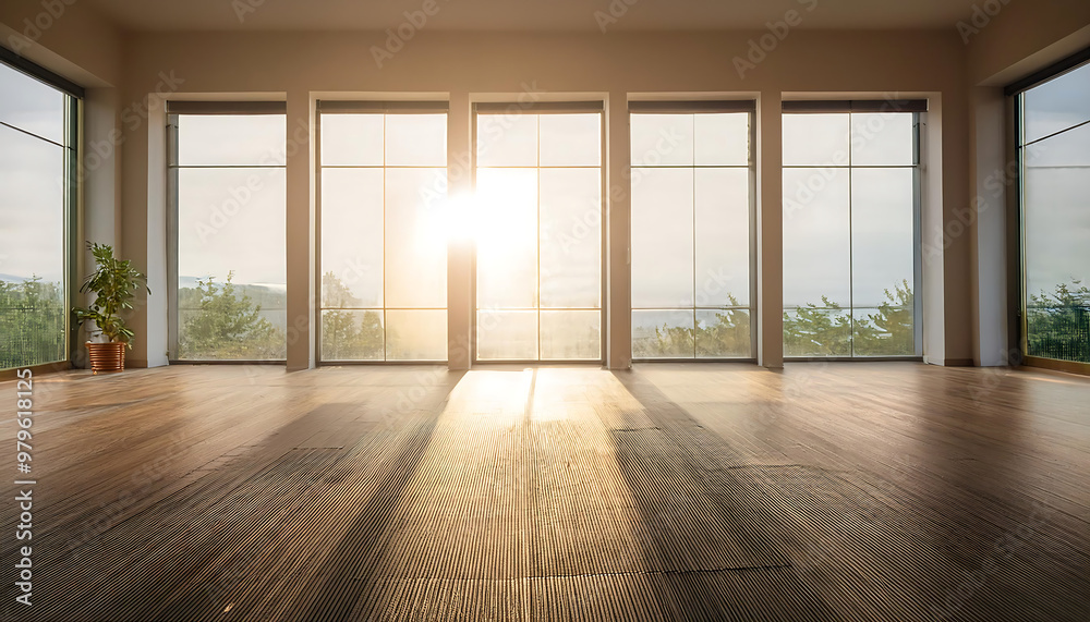Obraz premium empty room sunlight streaming large windows