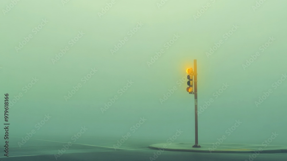 A traffic light at an empty intersection during the early morning fog, with faint light casting eerie shadows