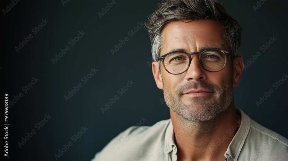 Retraro de hombre con gafas y ligera sonrisa en su rostro. Vestido con camisa de color claro en una pose de tres cuartos. Elegante en un entorno corporativo. Retraro de hombre con gafas y ligera sonrisa en su rostro. Vestido con camisa de color claro en una pose de tres cuartos. Elegante en un entorno corporativo.