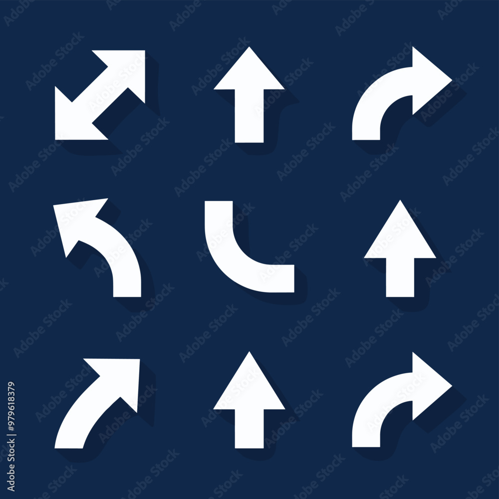 Set of white arrows pointing in various directions on a dark blue background.