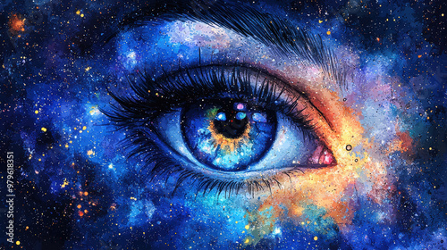 vibrant eye reflects universe, showcasing stunning blend of colors and cosmic elements, evoking sense of wonder and connection to cosmos